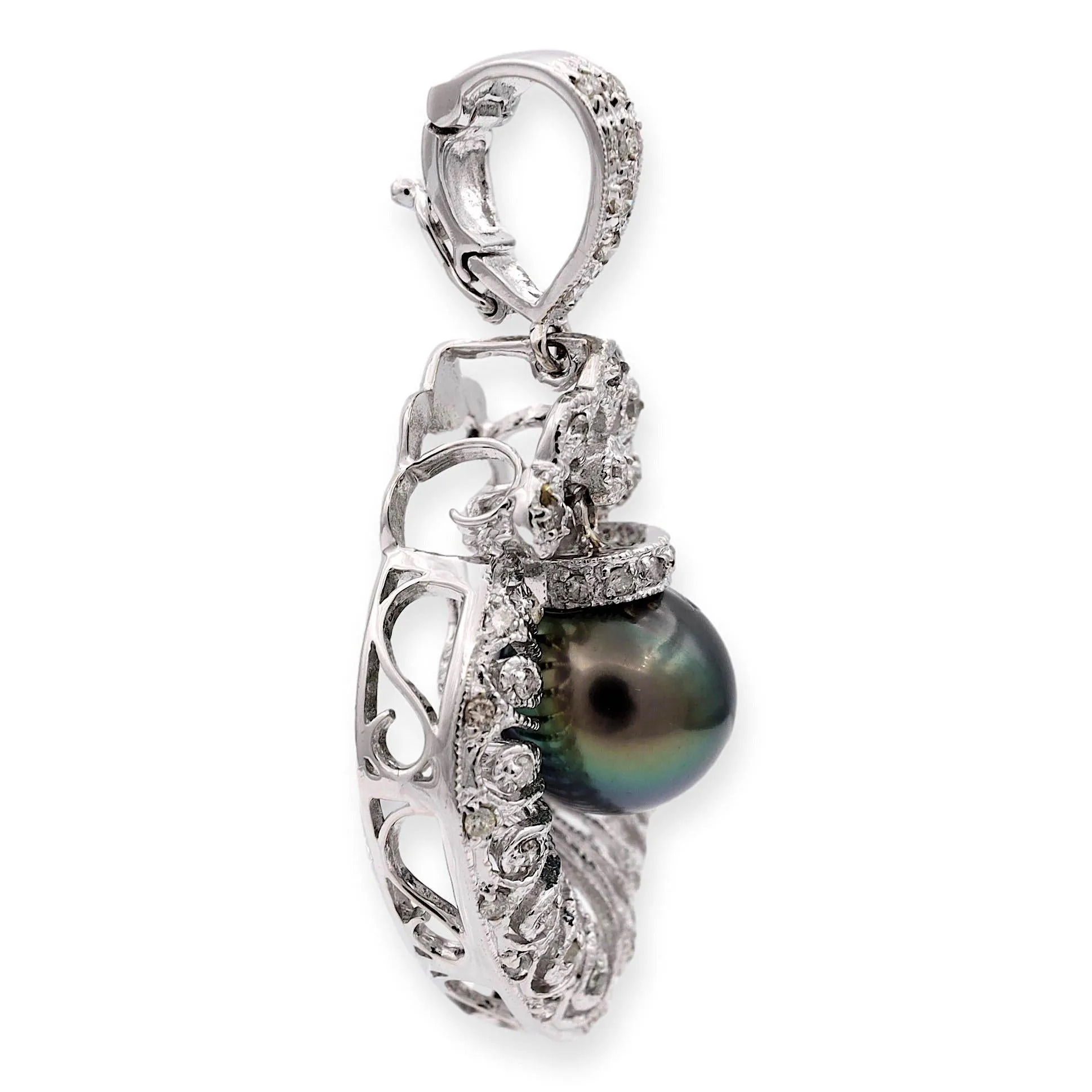 18K White Gold 10mm Tahitian Pearl and Diamond Filigree Pendant