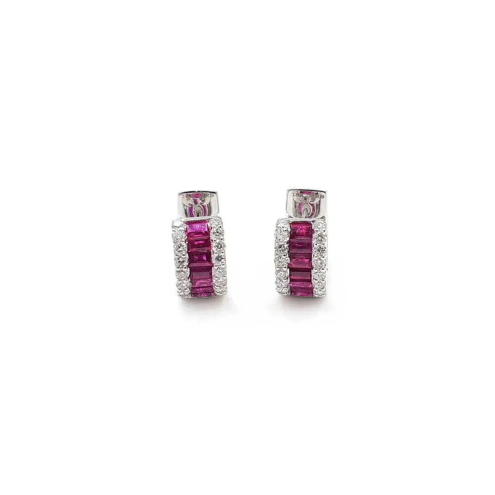 18K White Gold Diamond Ruby Huggie Earrings