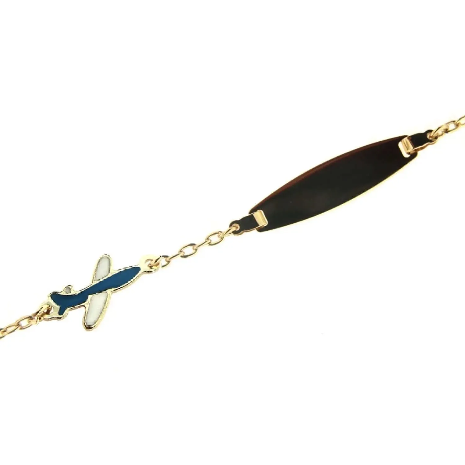 18K Yellow Gold Blue Enamel Airplane Baby ID Bracelet
