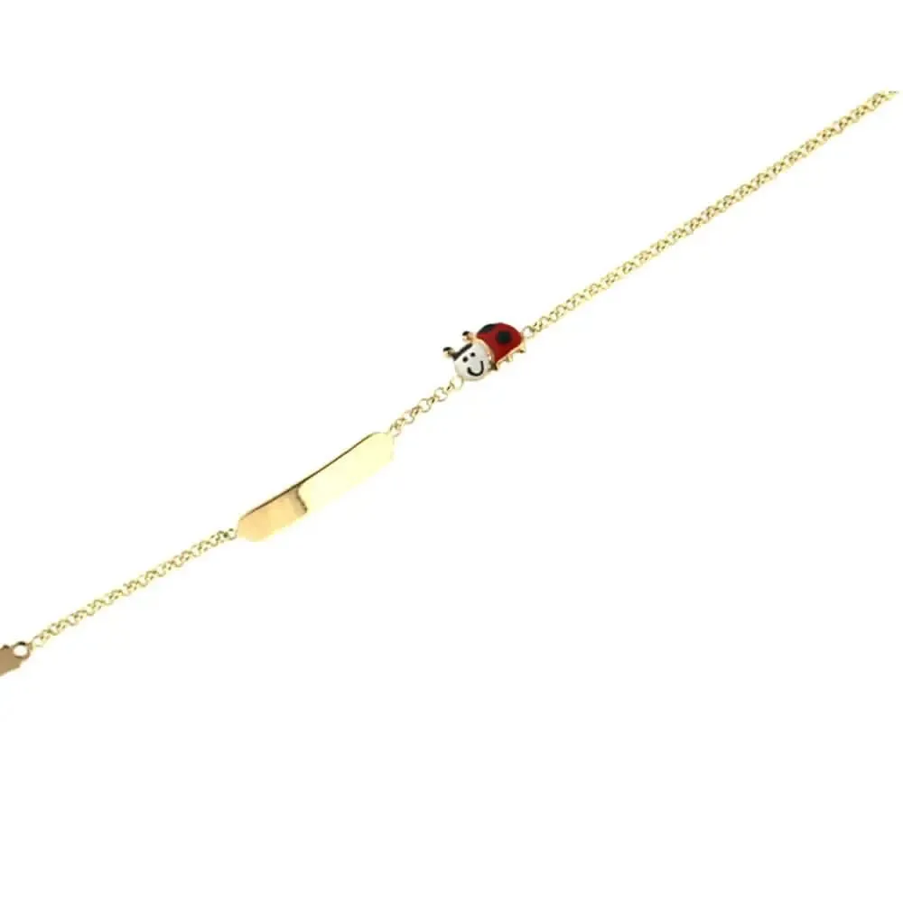 18K Yellow Gold Enamel Red and White Lady Bug ID Bracelet