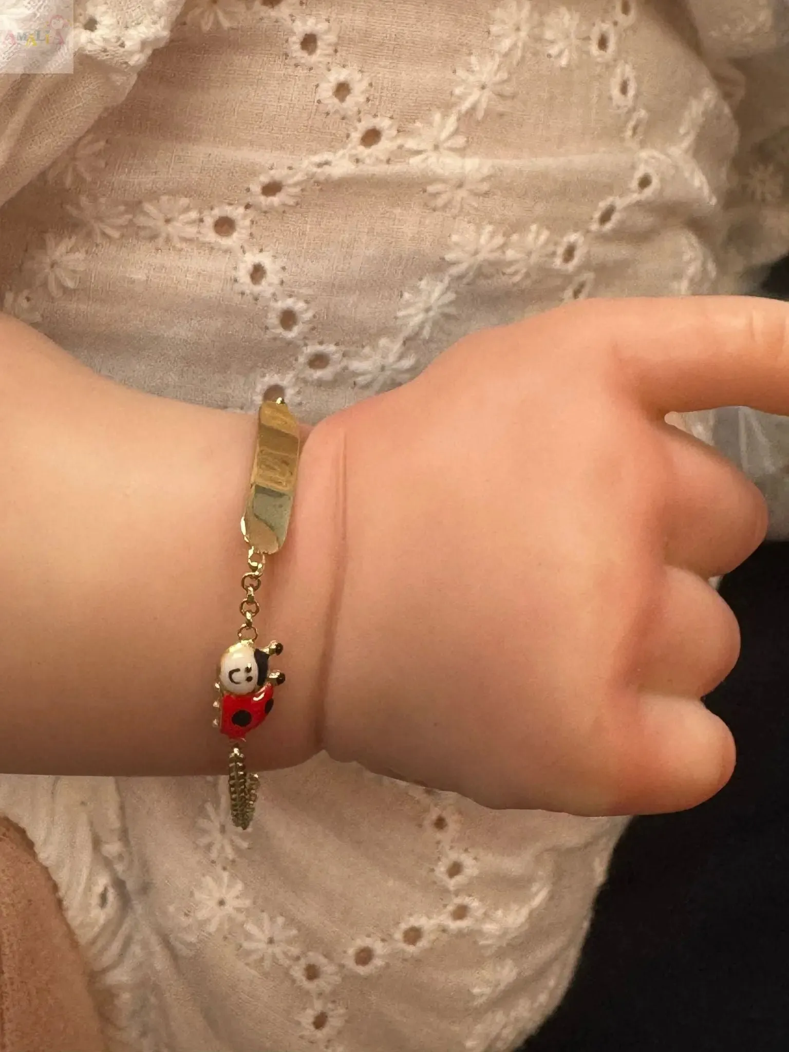 18K Yellow Gold Enamel Red and White Lady Bug ID Bracelet