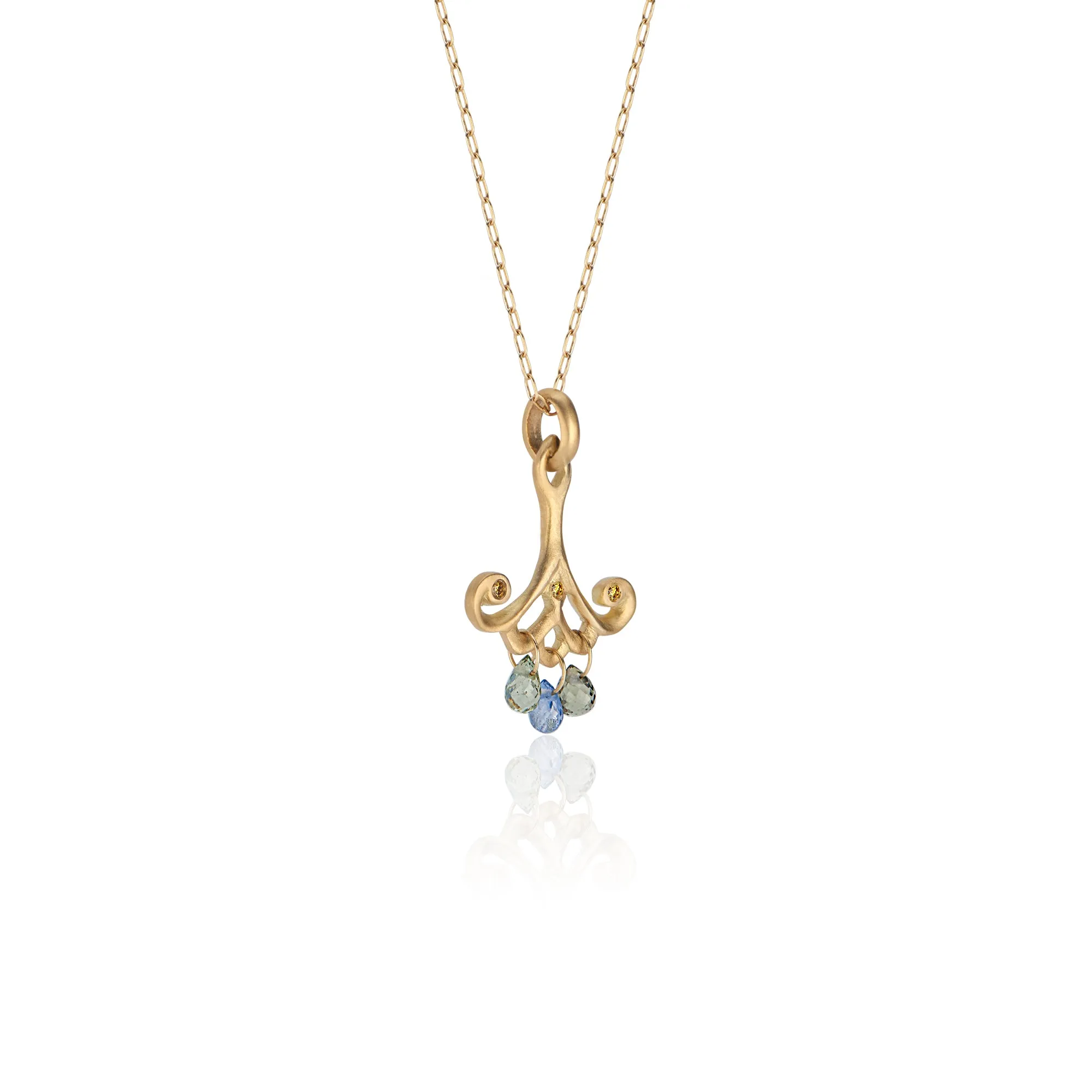 18k Yellow Gold Pendant Necklace with Blue Sapphire Teardrops and Canary Diamonds