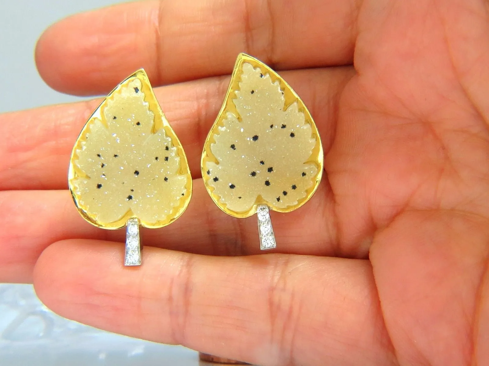 18kt .25ct diamonds matrix quartz rough slice leaf earrings omega 3d