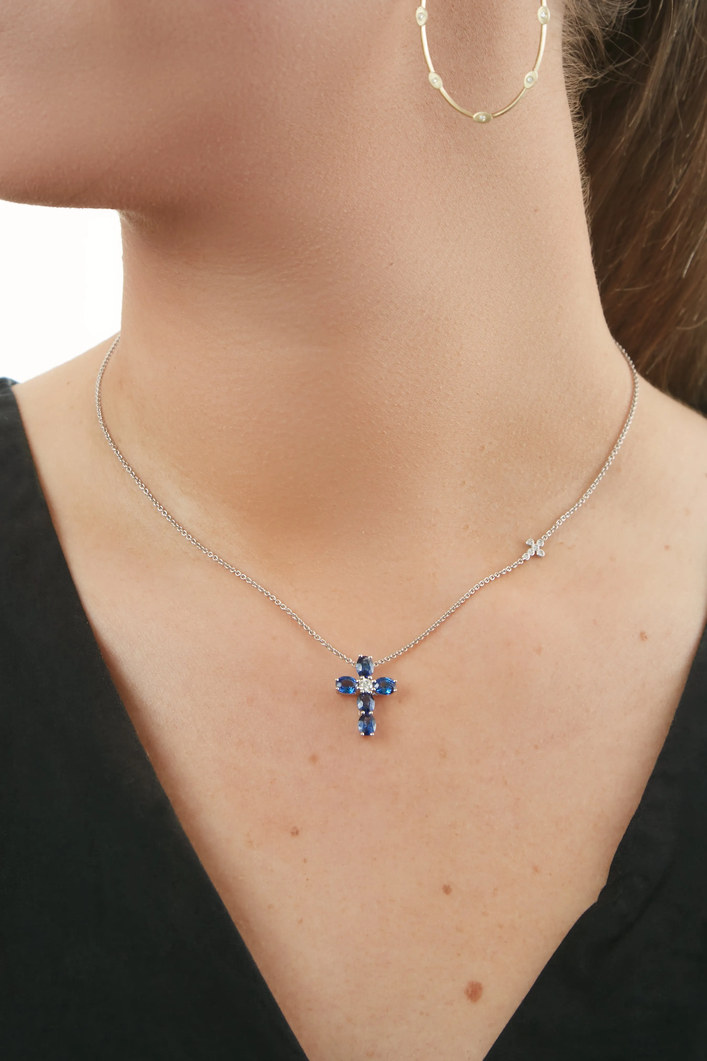18KW Sapphire Diamond Cross Pendant