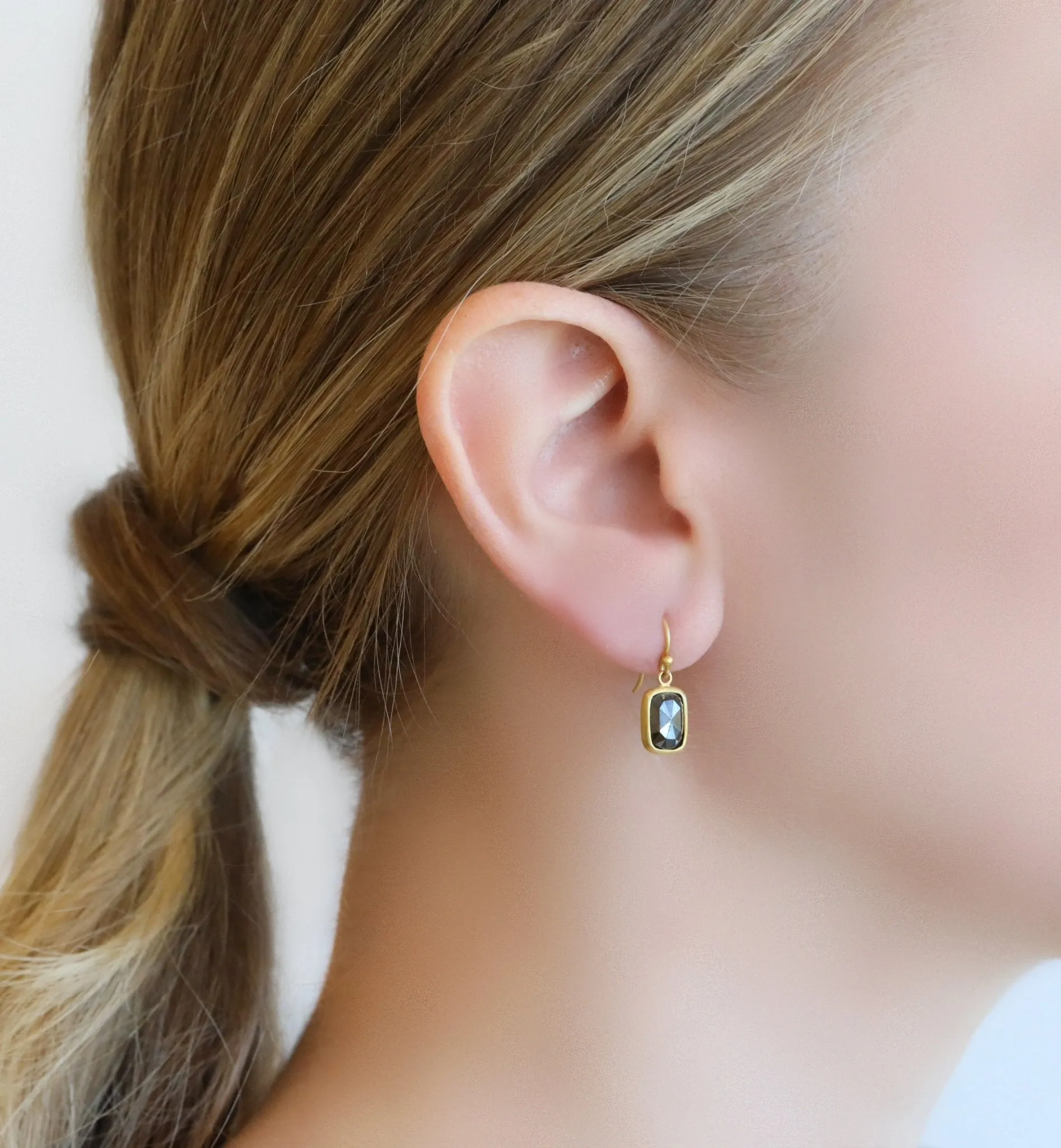 20 & 22K Gold Bezel-Set Rosecut Cushion Black Diamond Earrings
