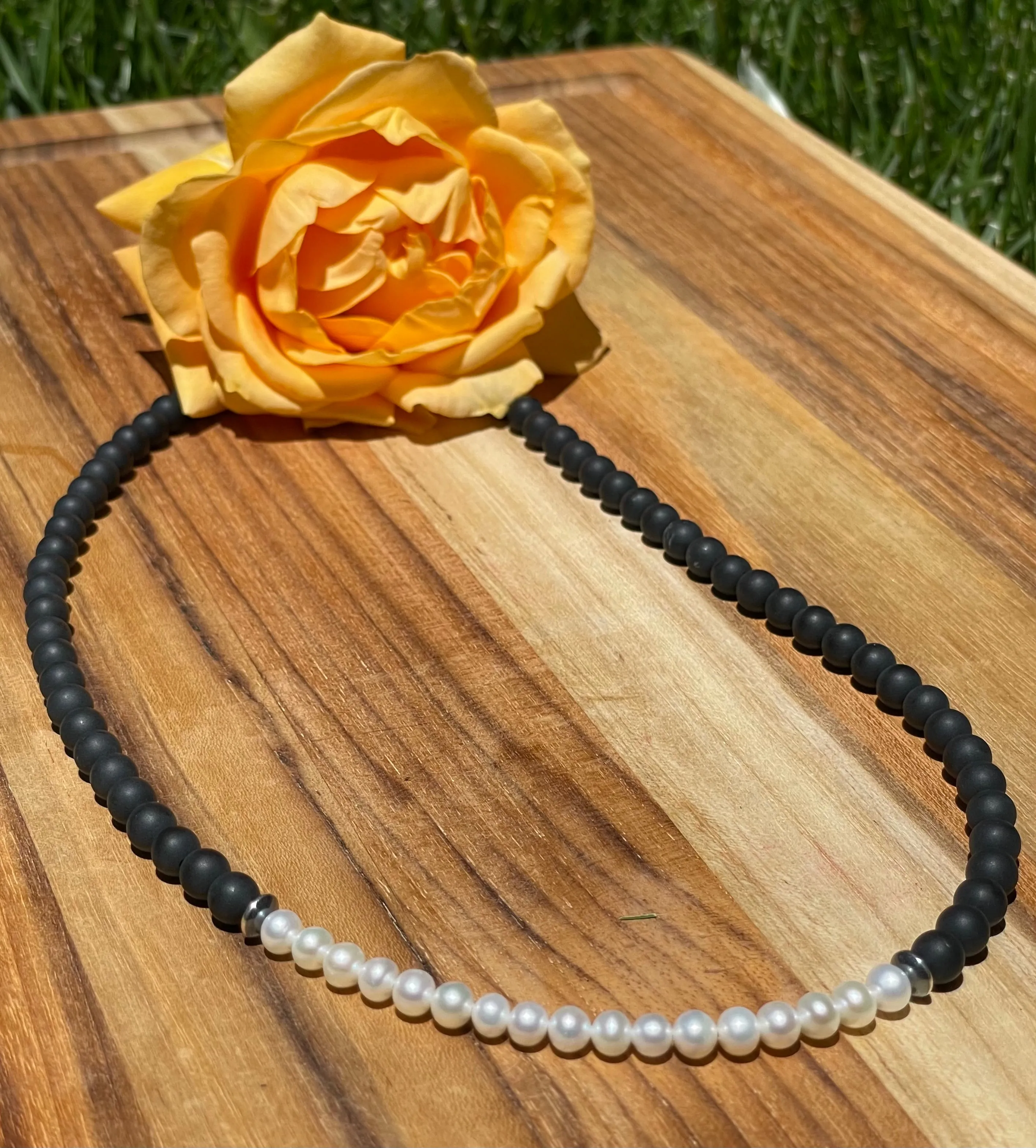 20 inch Matte Onyx Beads and Freshwater Pearls Necklace