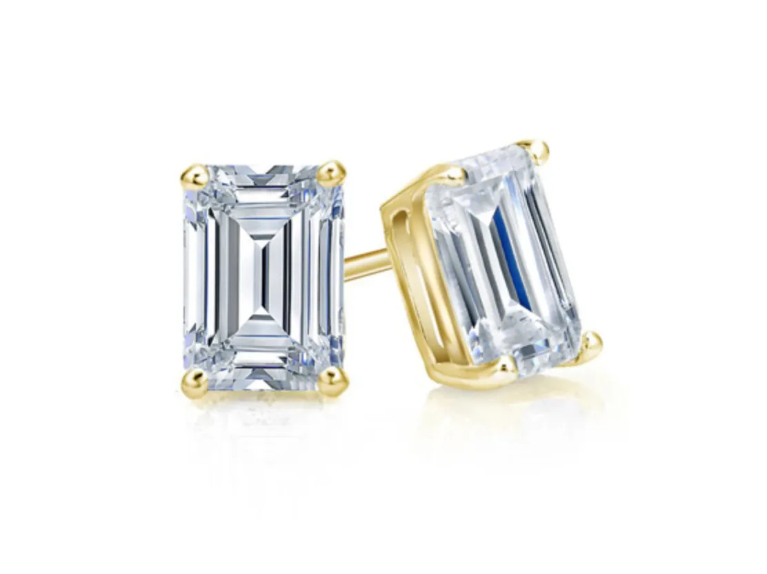 2.00 CTW Diamond Studs Earrings 14k Yellow Gold Screw Back Natural Emerald Cut