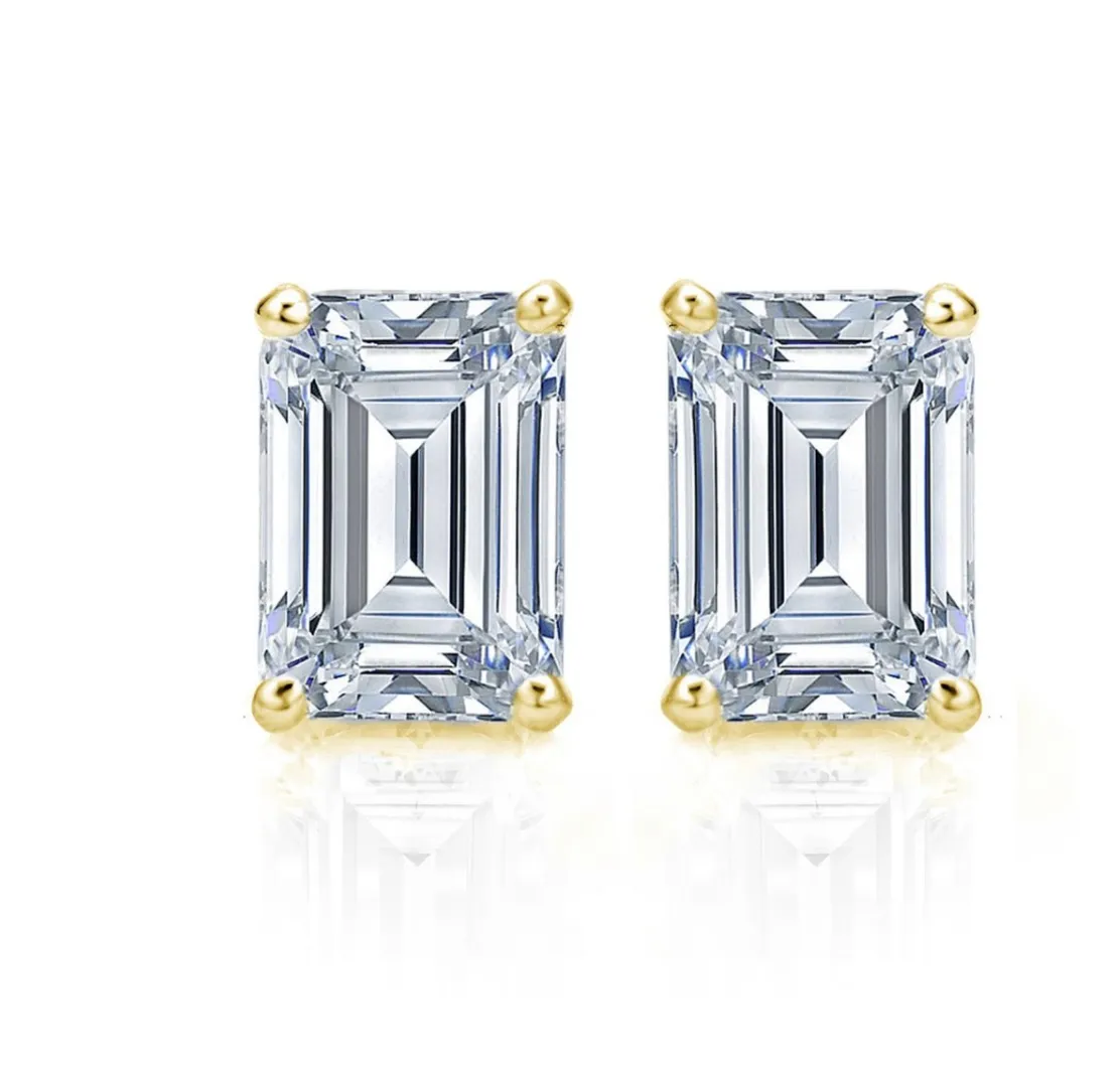 2.00 CTW Diamond Studs Earrings 14k Yellow Gold Screw Back Natural Emerald Cut