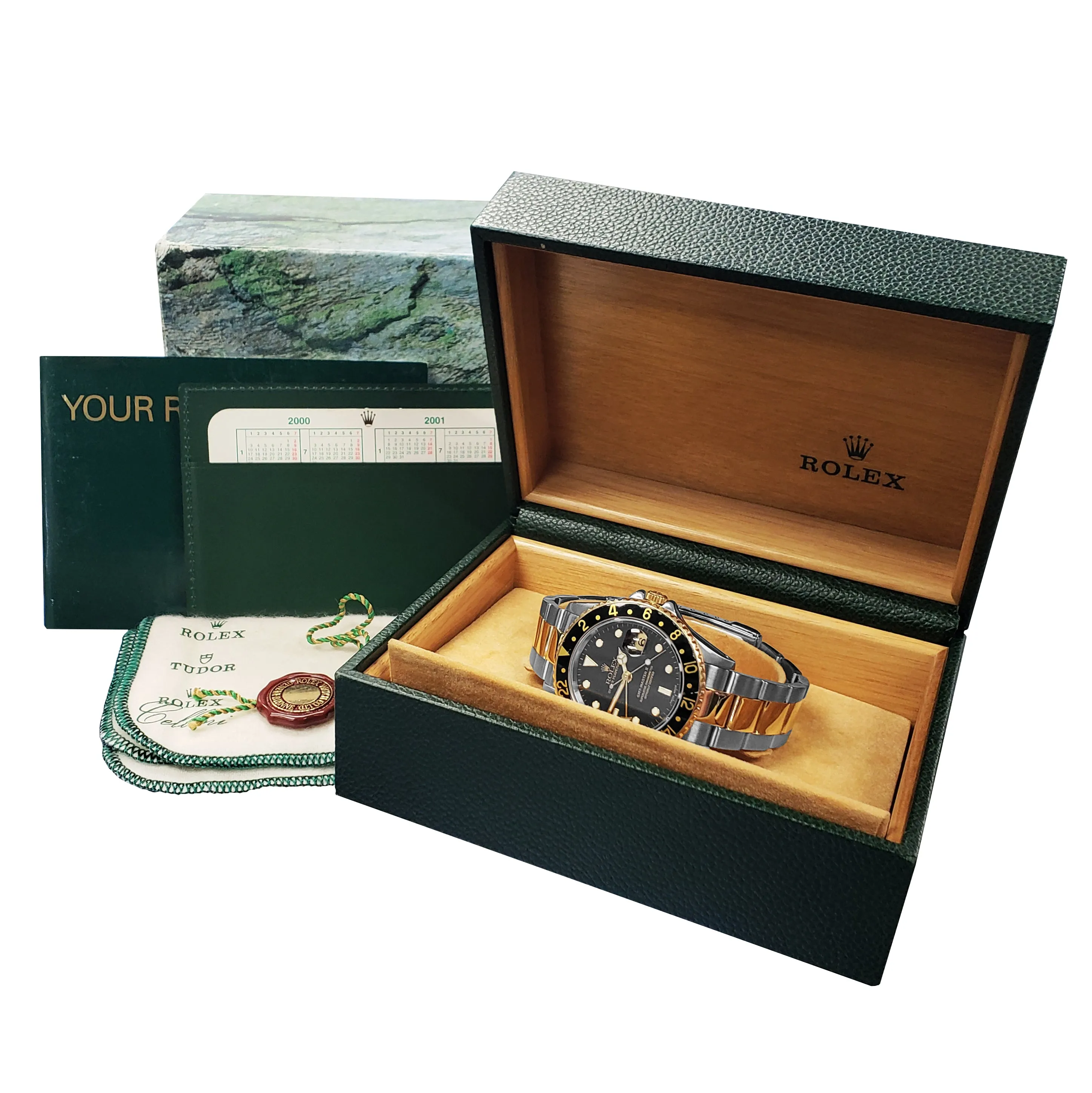 2001 Rolex GMT-Master II 16713 Two-Tone Black 18K Stainless Gold Oyster Watch