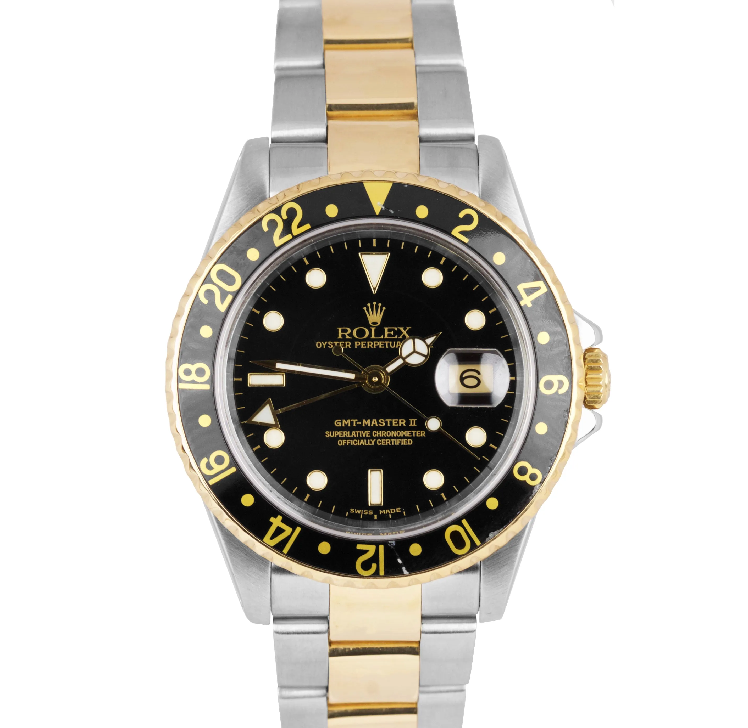 2001 Rolex GMT-Master II 16713 Two-Tone Black 18K Stainless Gold Oyster Watch