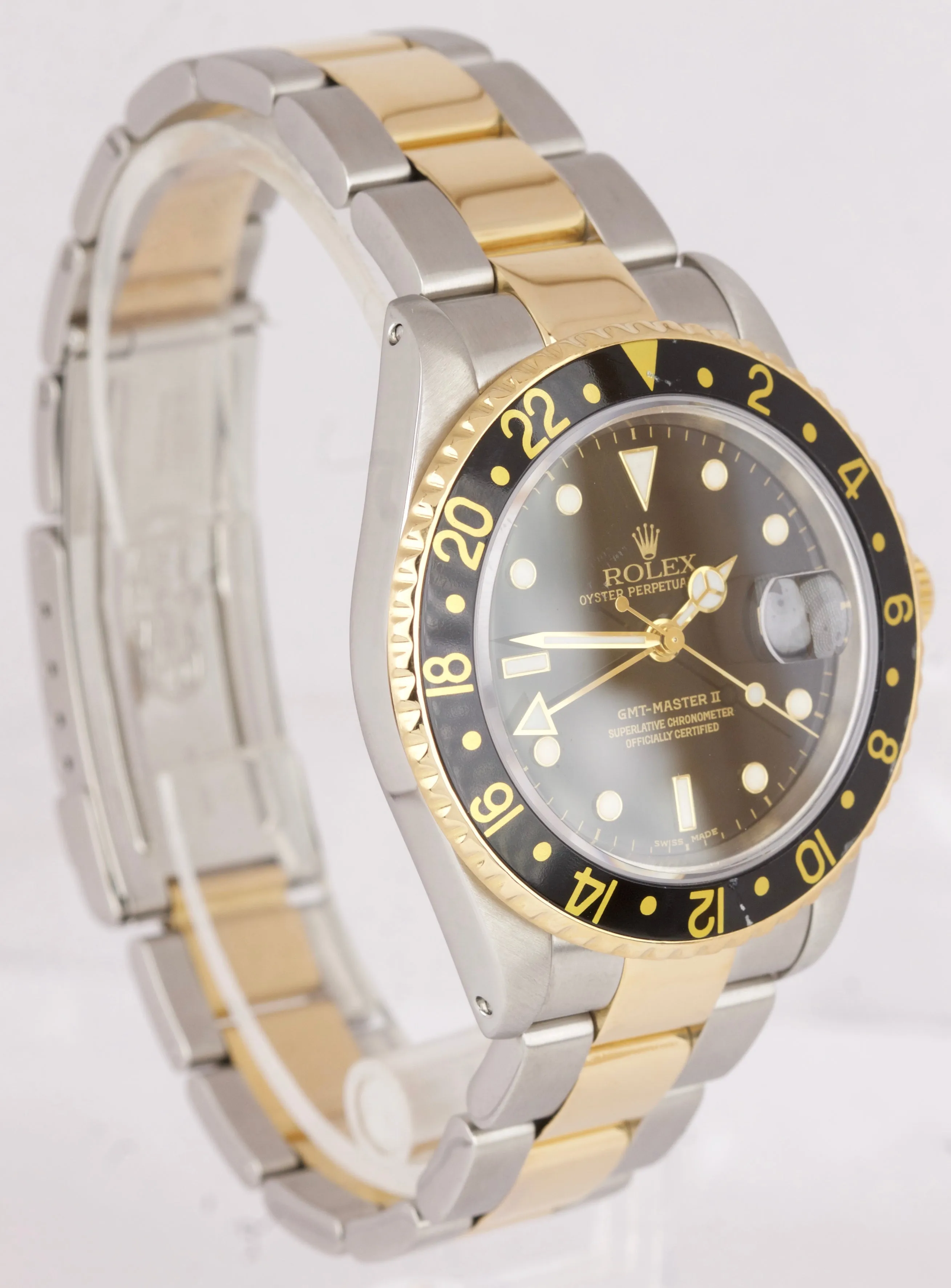 2001 Rolex GMT-Master II 16713 Two-Tone Black 18K Stainless Gold Oyster Watch