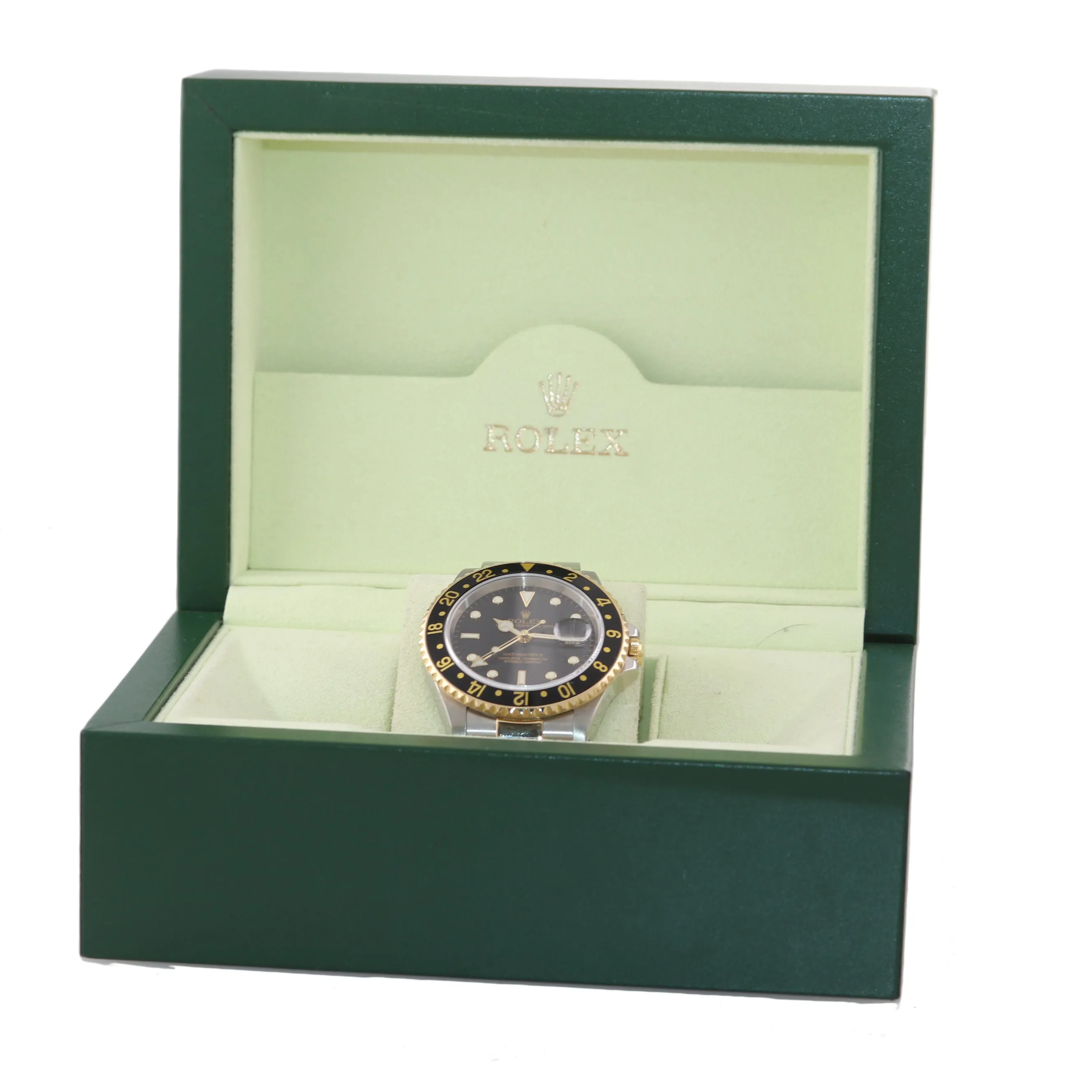 2002 Rolex GMT-Master II 16713 Two-Tone Gold Steel Date Black SEL 40mm Watch Box