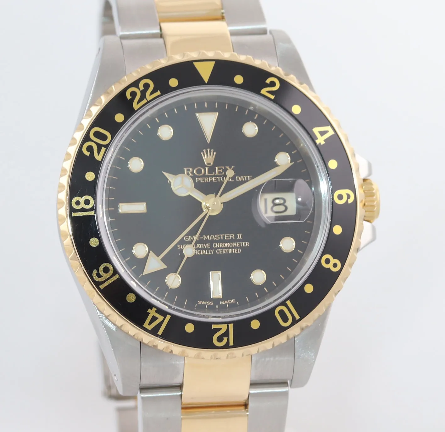 2002 Rolex GMT-Master II 16713 Two-Tone Gold Steel Date Black SEL 40mm Watch Box