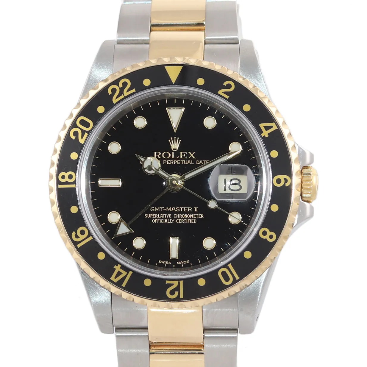2002 Rolex GMT-Master II 16713 Two-Tone Gold Steel Date Black SEL 40mm Watch Box