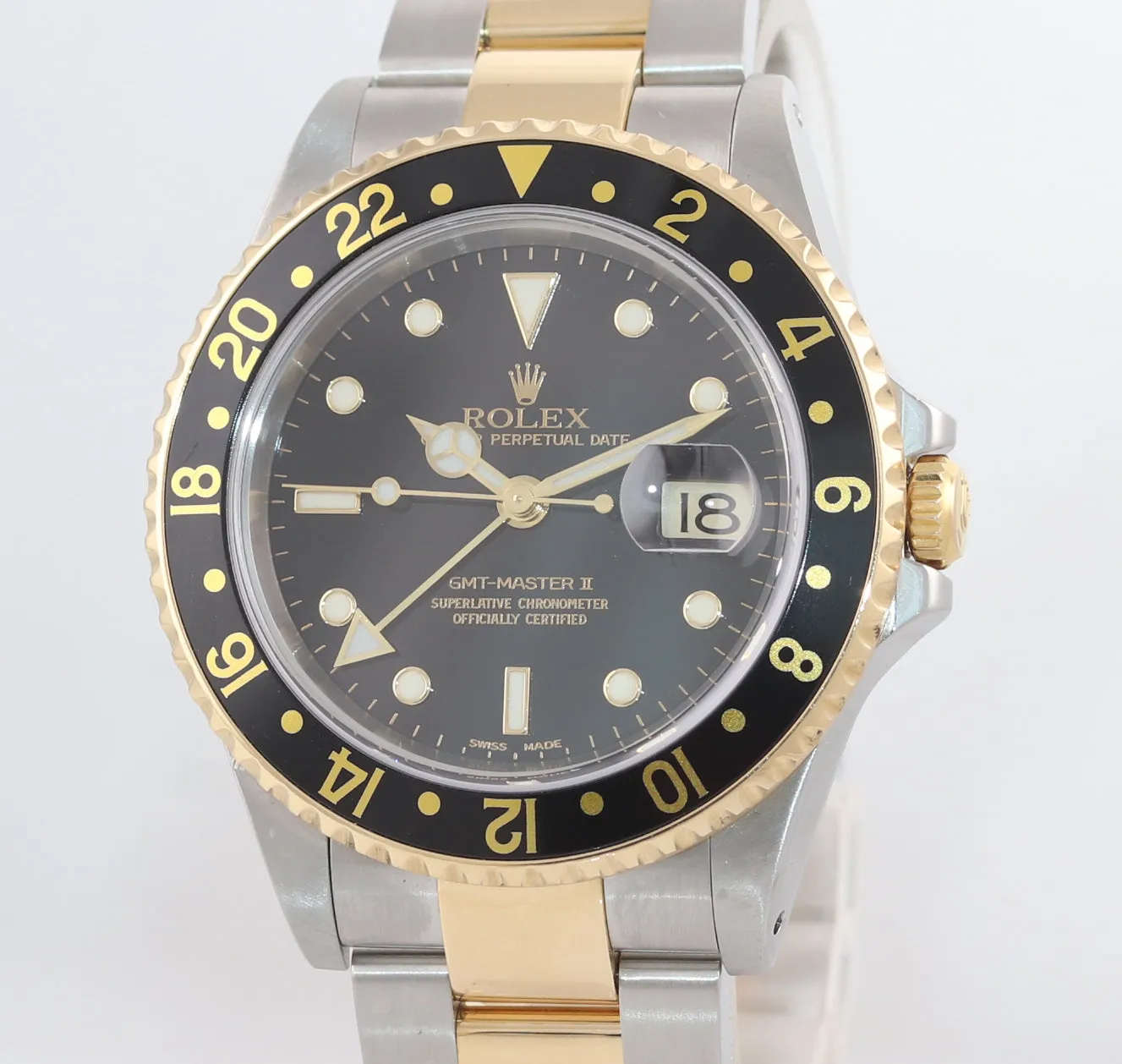 2002 Rolex GMT-Master II 16713 Two-Tone Gold Steel Date Black SEL 40mm Watch Box
