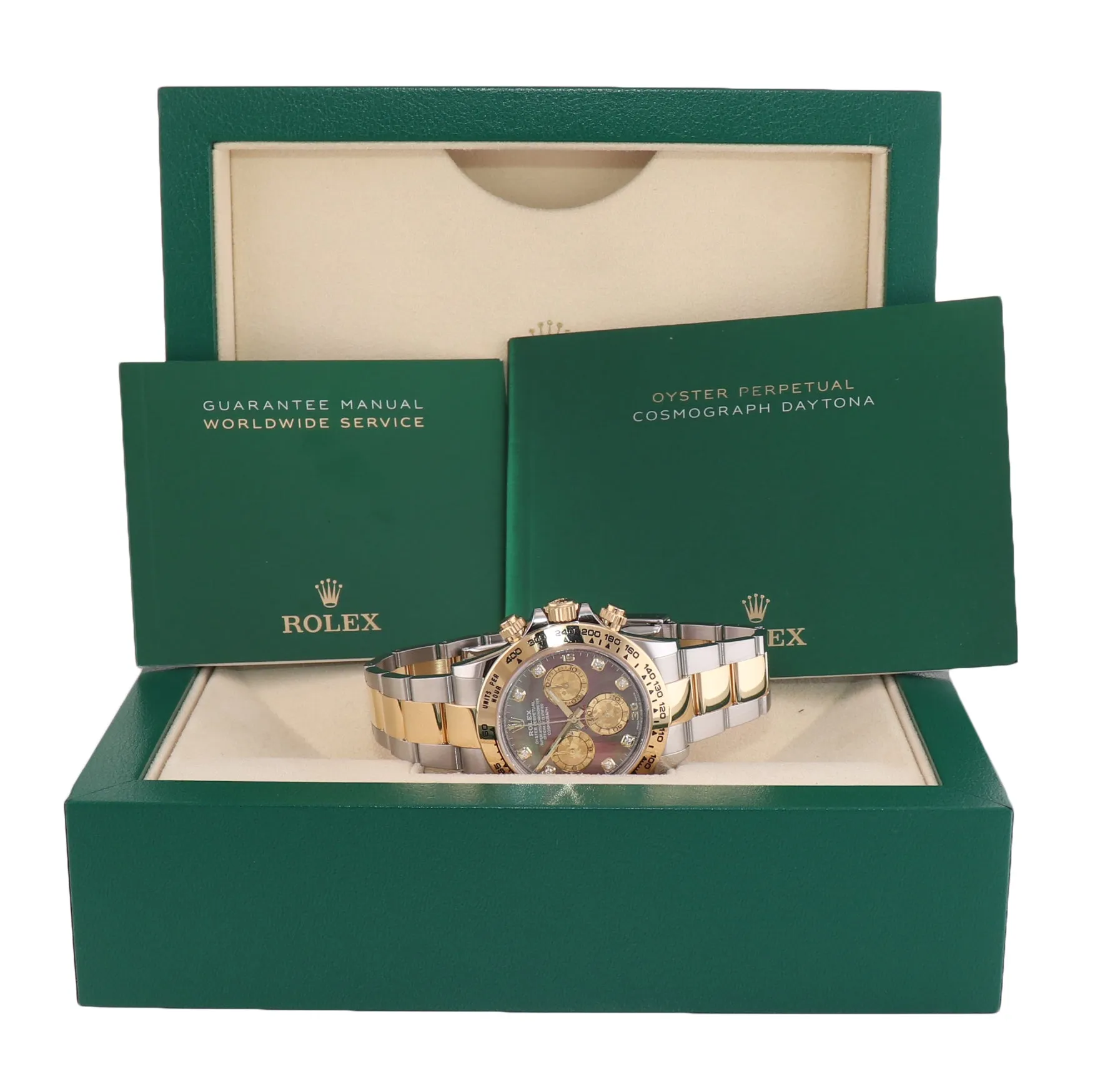 2021 Rolex Daytona 116503 Dark Mop Crystal Diamond Two Tone Steel Gold Watch Box