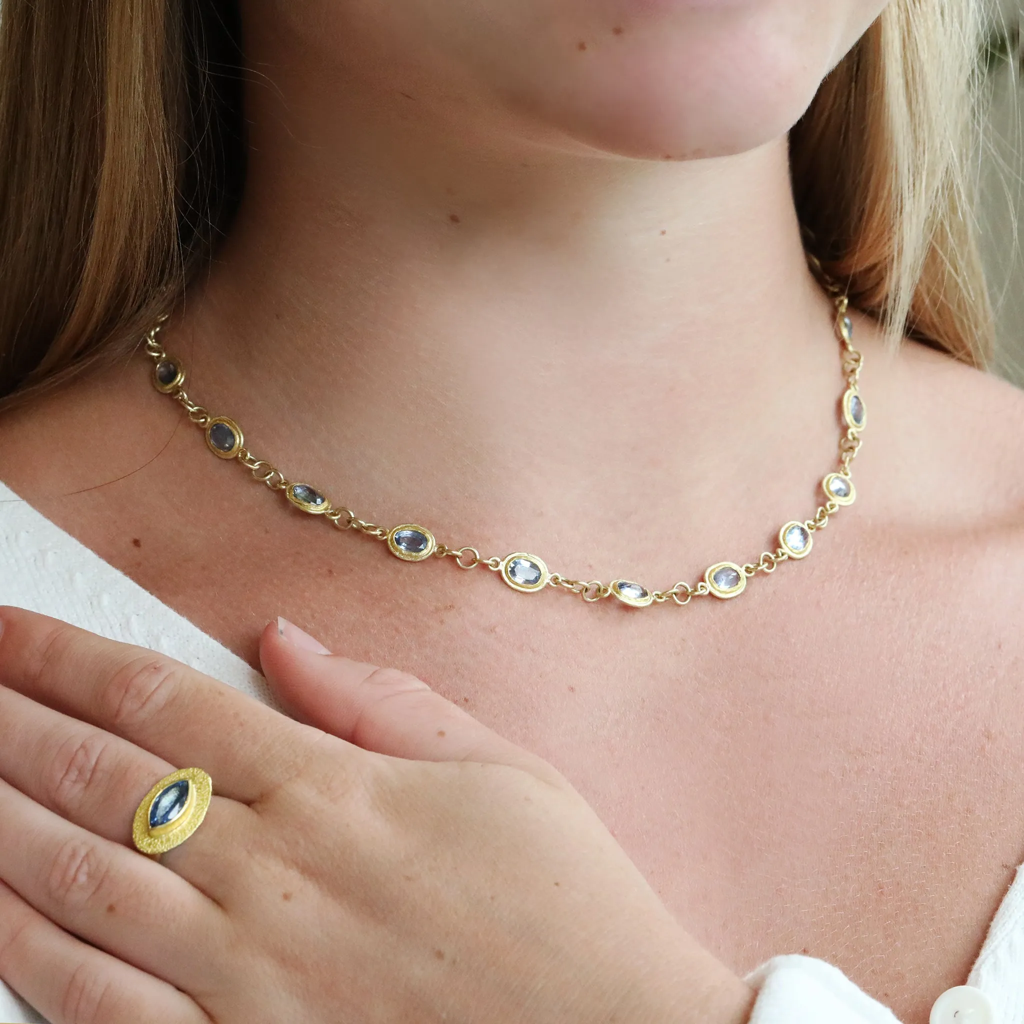22K Gold Bezel-Set Oval Blue Sapphire Necklace