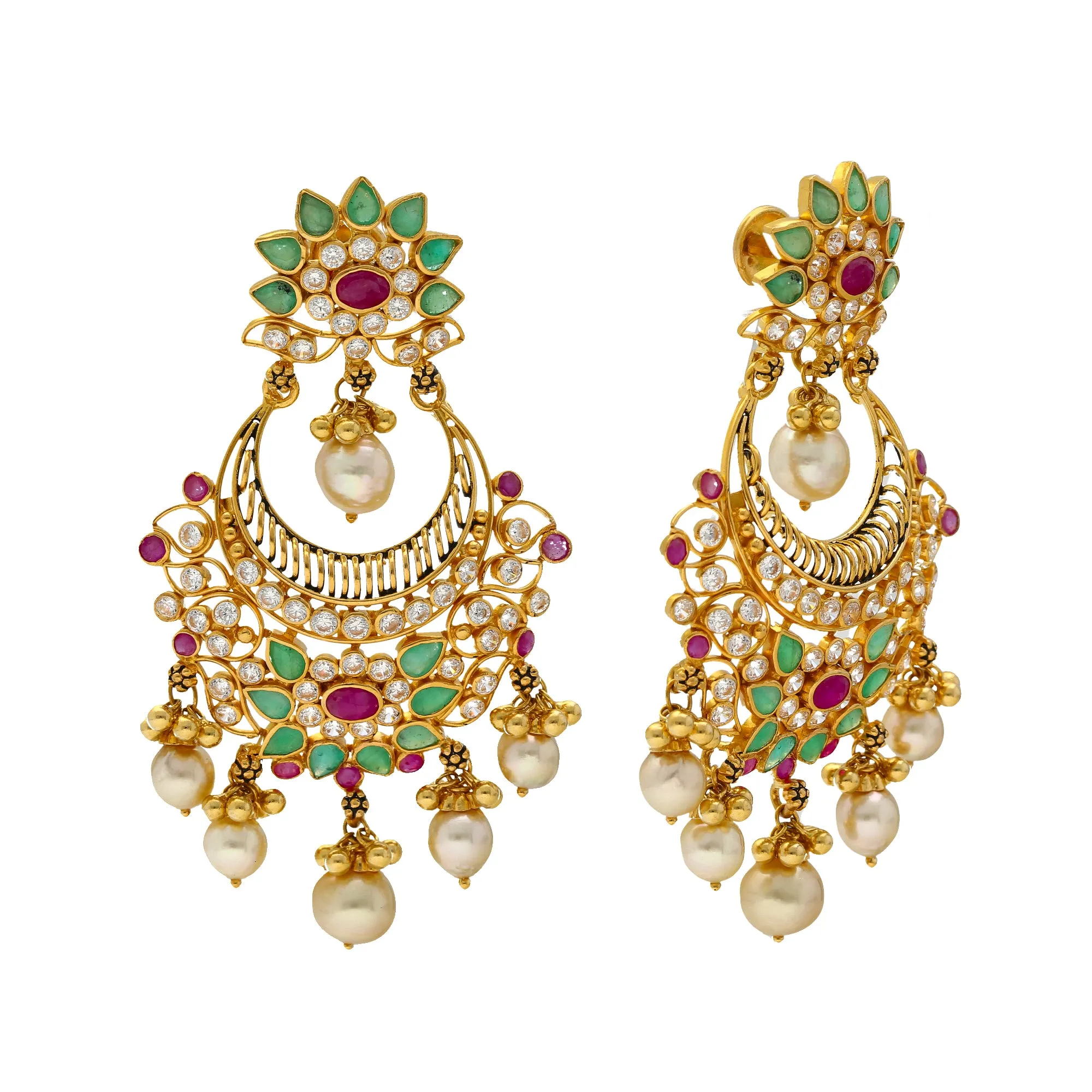 22K Yellow Gold Jeweled Chandbali Earrings (22.6gm)