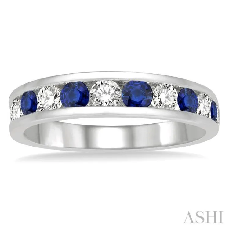 2.9 MM Sapphire and 1/2 ctw Round Cut Diamond Precious Wedding Band in 14K White Gold