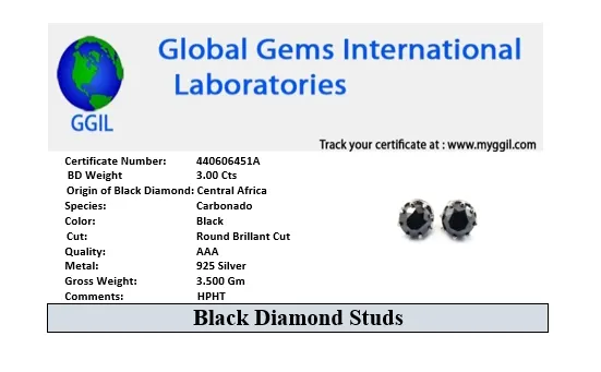 3 Ct AAA Certified Black Diamond Solitaire Studs in Prong Style. Amazing Collection & Great Look