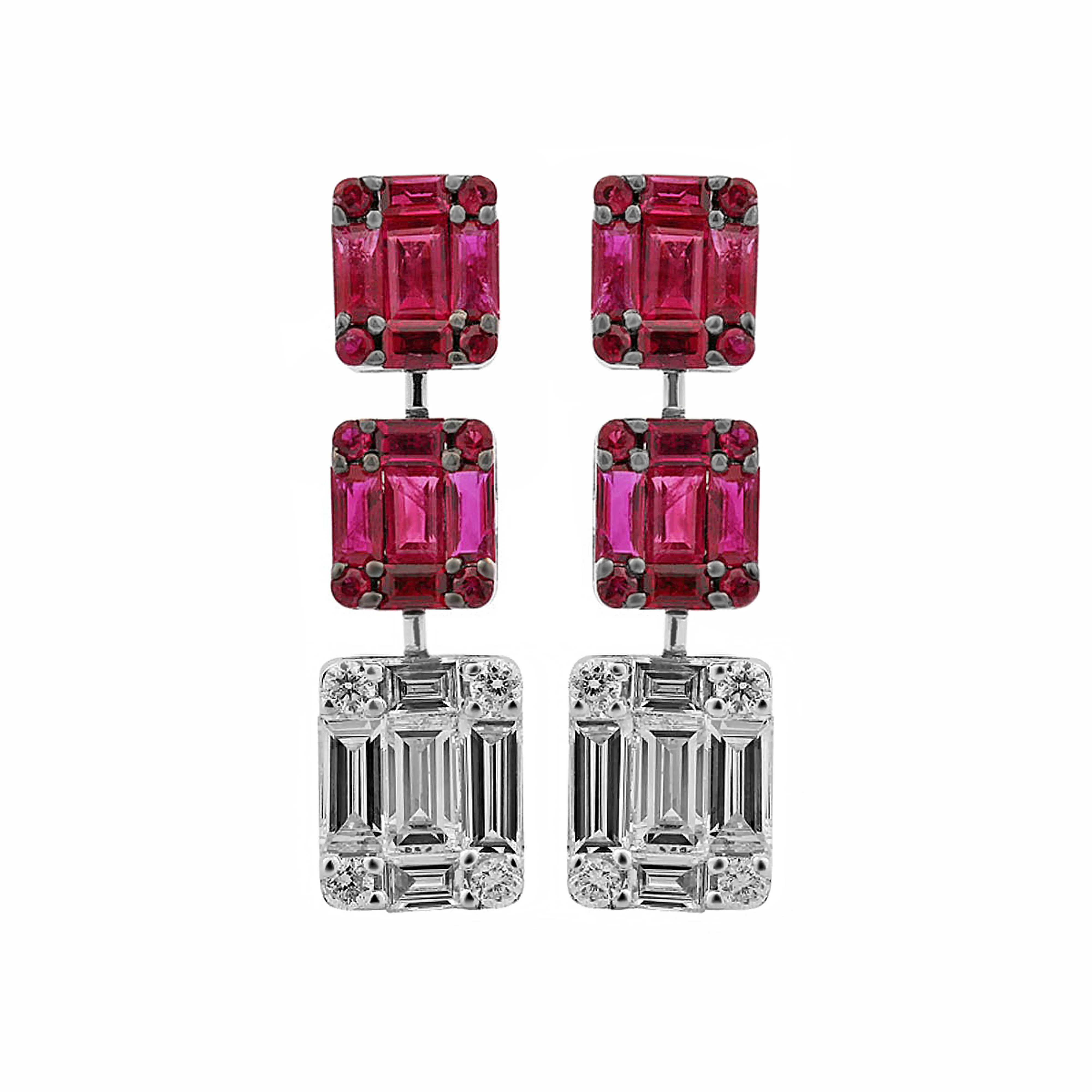 3.64tcw Baguette Rubies & Diamonds in 18K White Gold Drop Earrings
