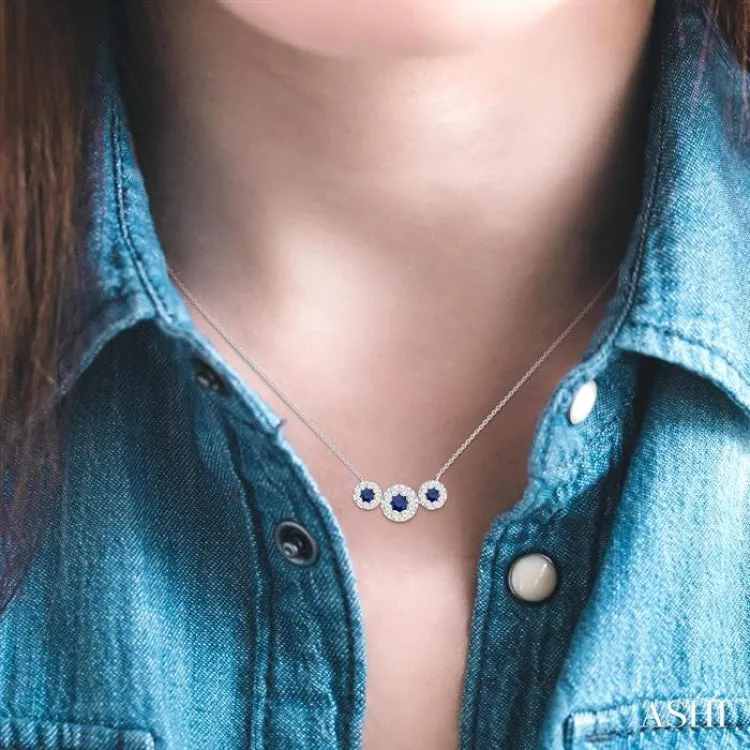 3.8 MM & 3 MM Sapphire and 5/8 ctw Round Cut Diamond Past Present & Future Precious Necklace in 14K White Gold
