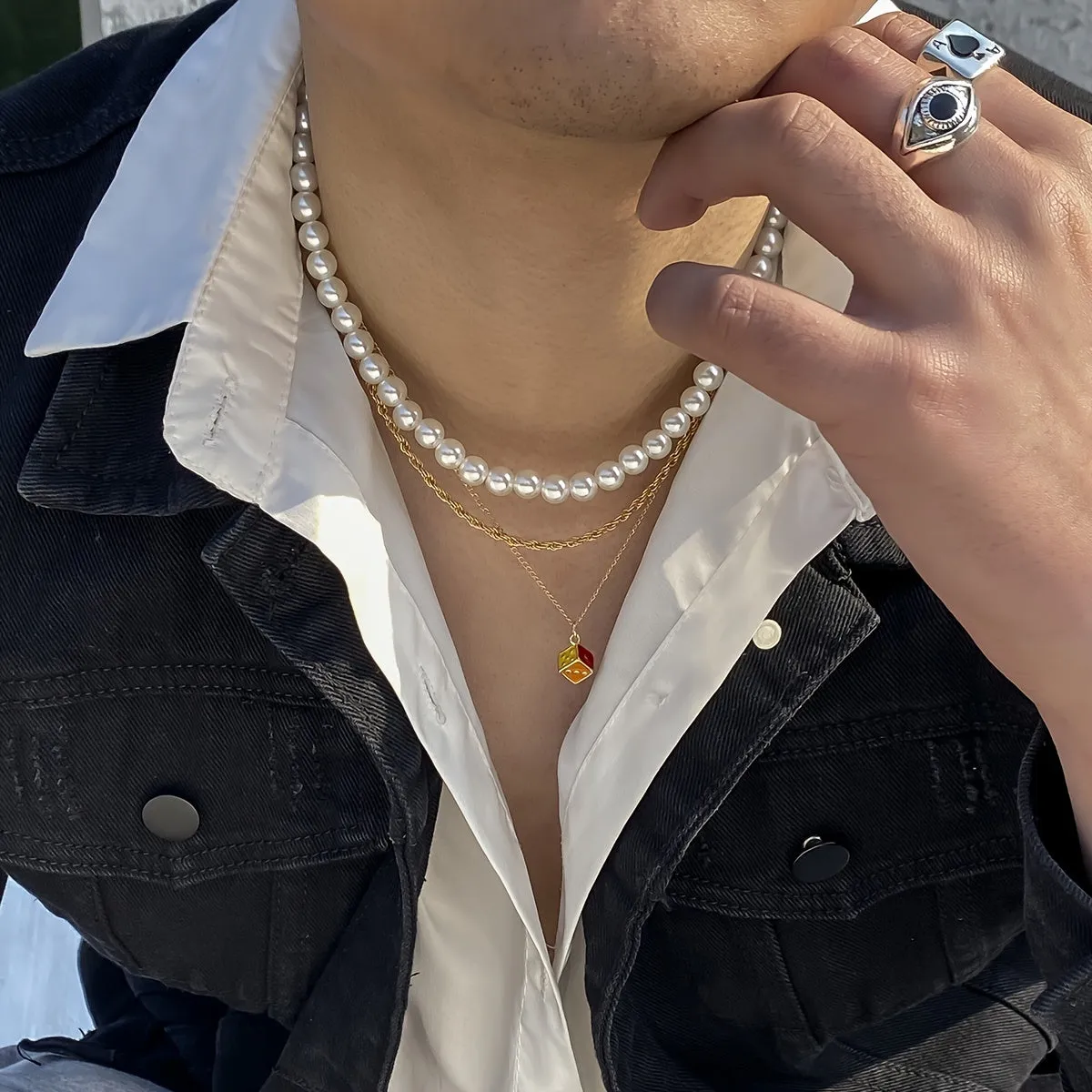 3pcs Dripping Oil Dice Pearl Necklaces Set