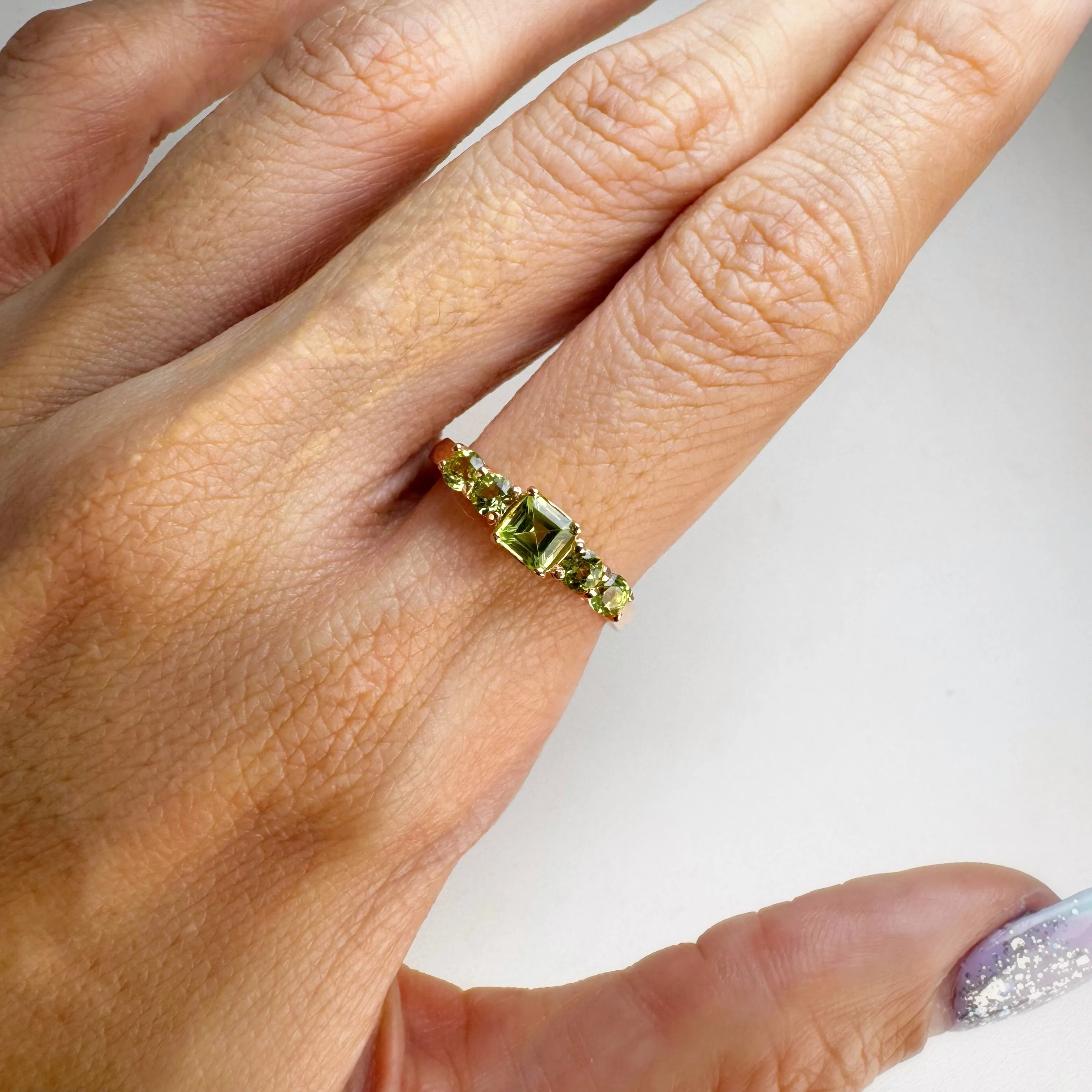 4 mm. Square Cut Green Pakistani Peridot Cluster Ring