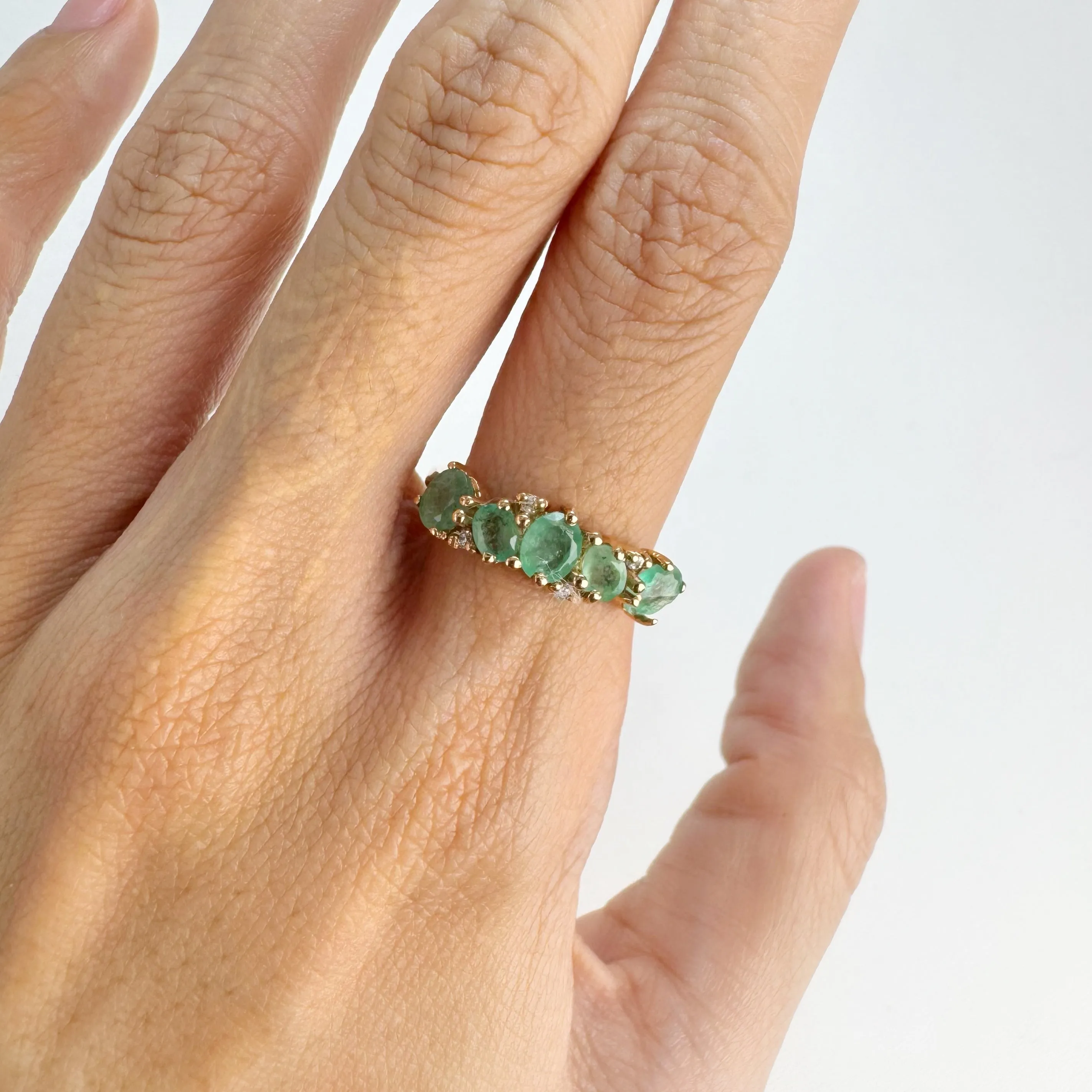 4 x 5 mm. Oval Cut Green Brazilian Emerald with Cz Accents Cluster Ring (Blemished)