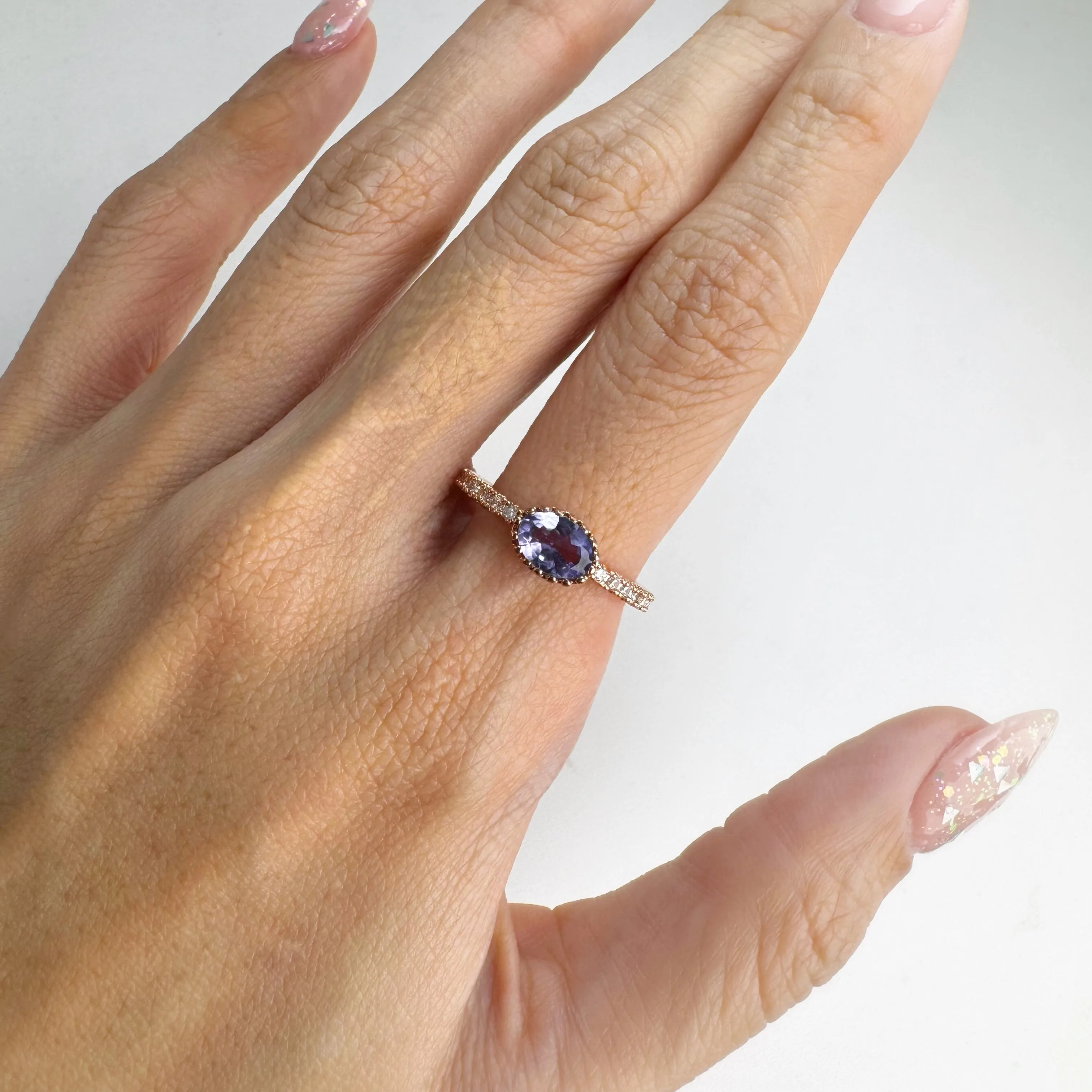 5 x 7 mm. Oval Cut Purple Madagascan Iolite with Cz Band Ring