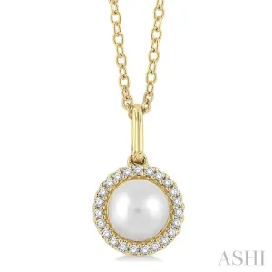 6 MM Round Shape Cultured Pearl and 1/20 ctw Petite Round Cut Diamond Halo Fashion Pendant With Chain in 10K Yellow Gold