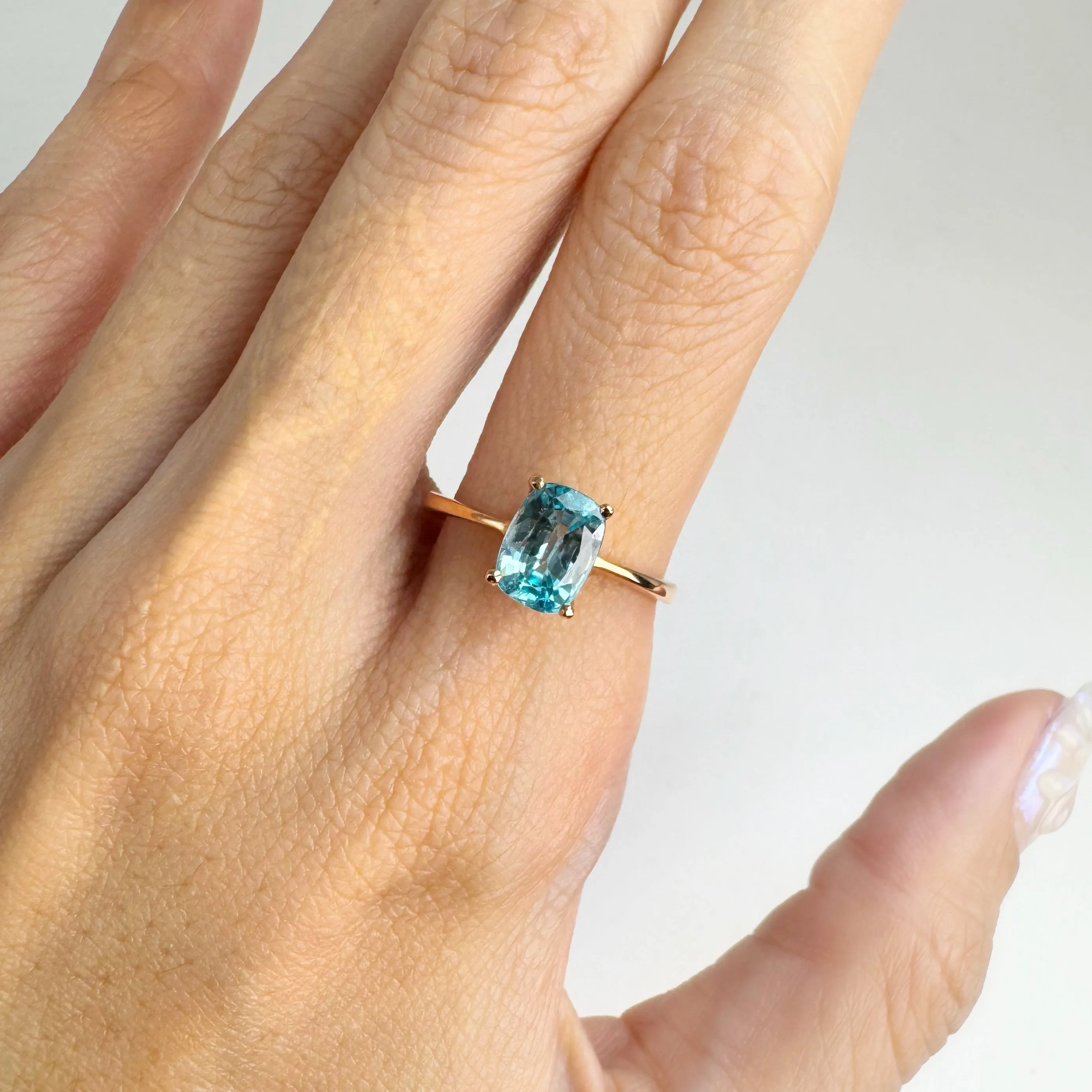 6 x 8 mm. Cushion Cut Blue Cambodian Zircon Ring