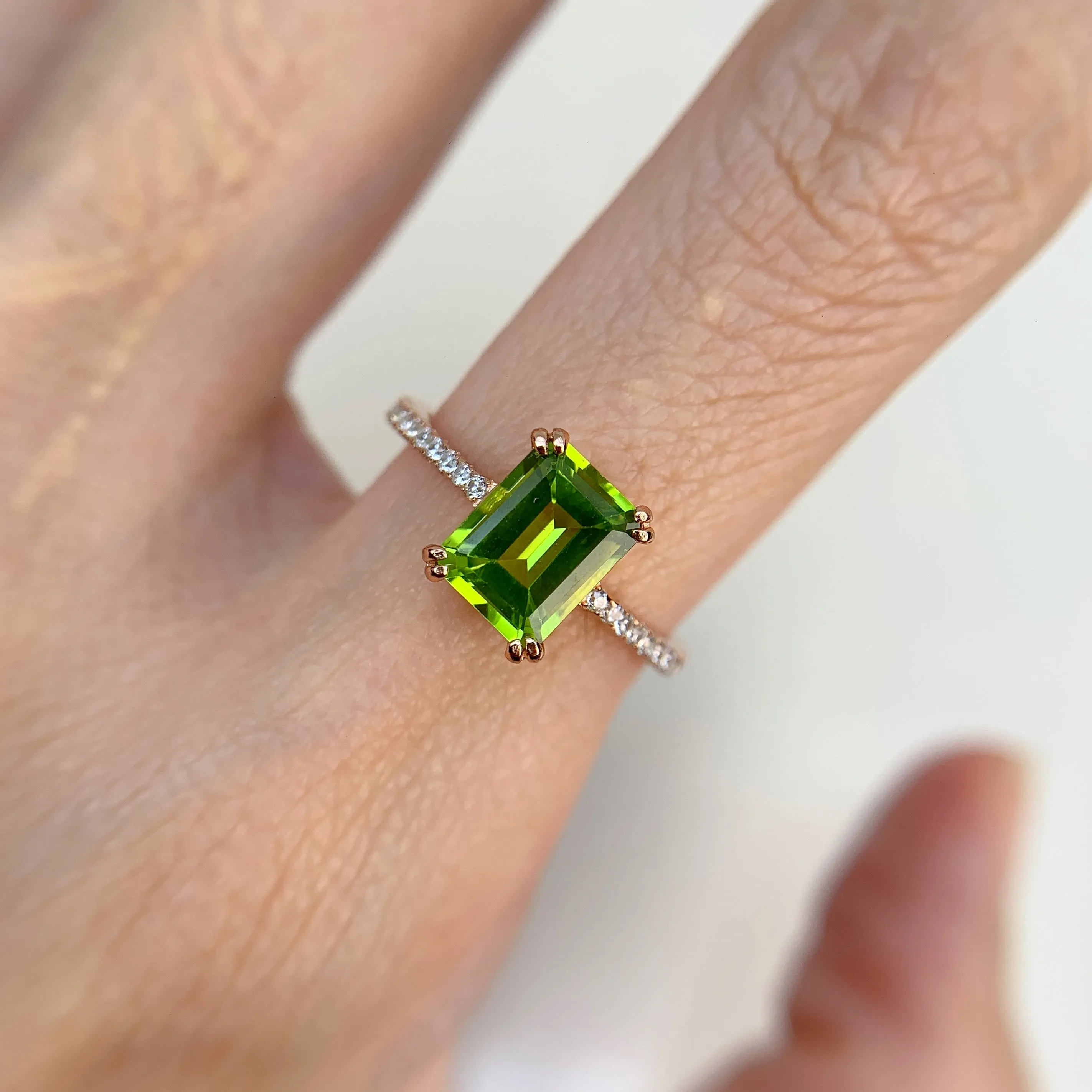 6 x 8 mm. Octagon Cut Green Pakistani Peridot with Cz Band Ring