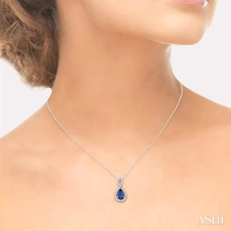 6x4 MM Pear Shape Sapphire and 1/10 ctw Round Cut Diamond Pendant in 14K White Gold with Chain
