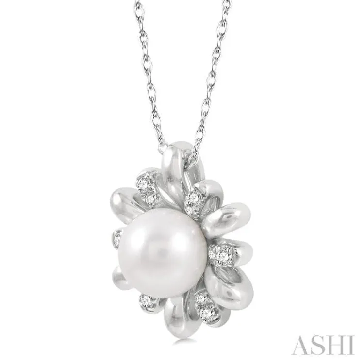 7 MM Round Shape Floral Cultured Pearl and 1/10 ctw Round Cut Diamond Pendant With Chain in 10K White Gold