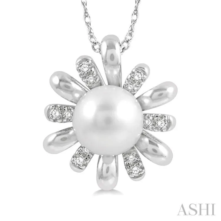 7 MM Round Shape Floral Cultured Pearl and 1/10 ctw Round Cut Diamond Pendant With Chain in 10K White Gold