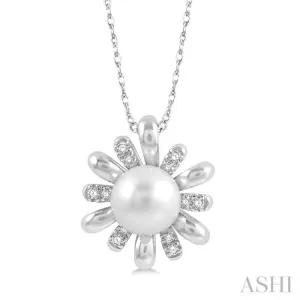 7 MM Round Shape Floral Cultured Pearl and 1/10 ctw Round Cut Diamond Pendant With Chain in 10K White Gold