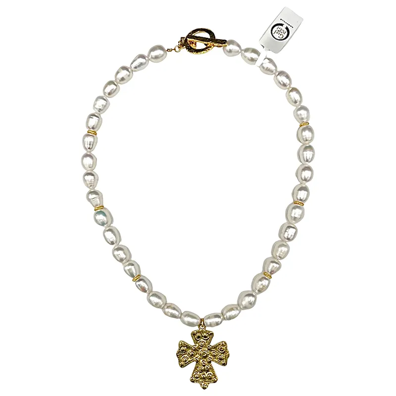 714-01-GC | FRESHWATER PEARL NECKLACE w/GOLD COPTIC CROSS