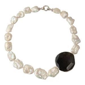 720-01-10 | STONE PEARL CHOKER W/ TIBETAN BLACK QUARTZ MEDALLION