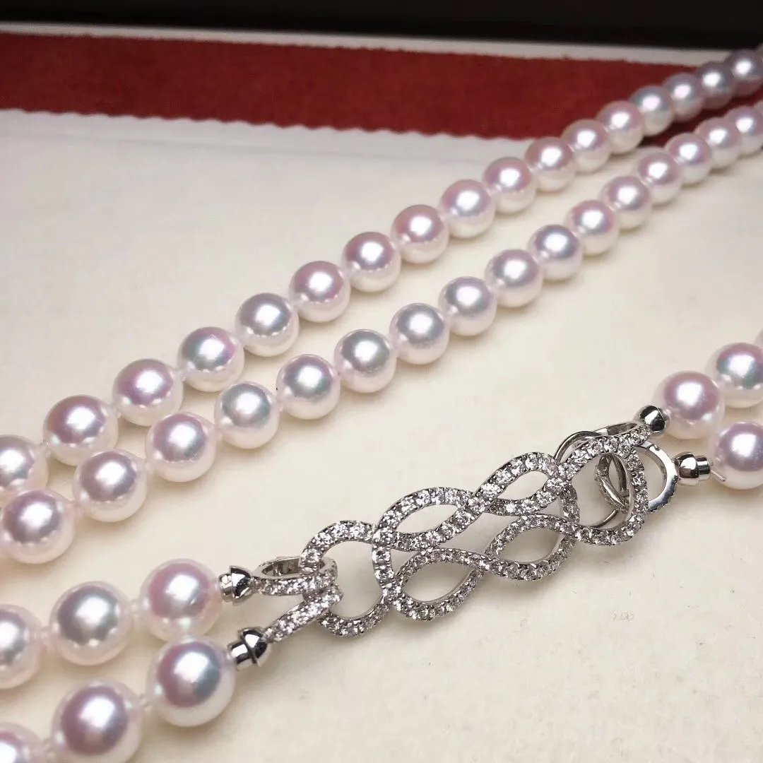 7.5-8.0 mm 56 Inch Rope Length Japanese White Akoya Pearl Double Strand Necklace