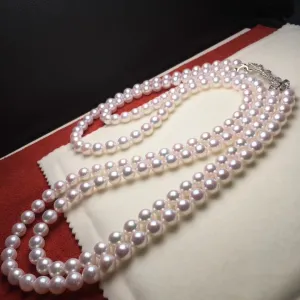 7.5-8.0 mm 56 Inch Rope Length Japanese White Akoya Pearl Double Strand Necklace