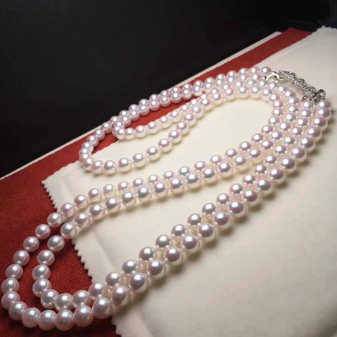 7.5-8.0 mm 56 Inch Rope Length Japanese White Akoya Pearl Double Strand Necklace