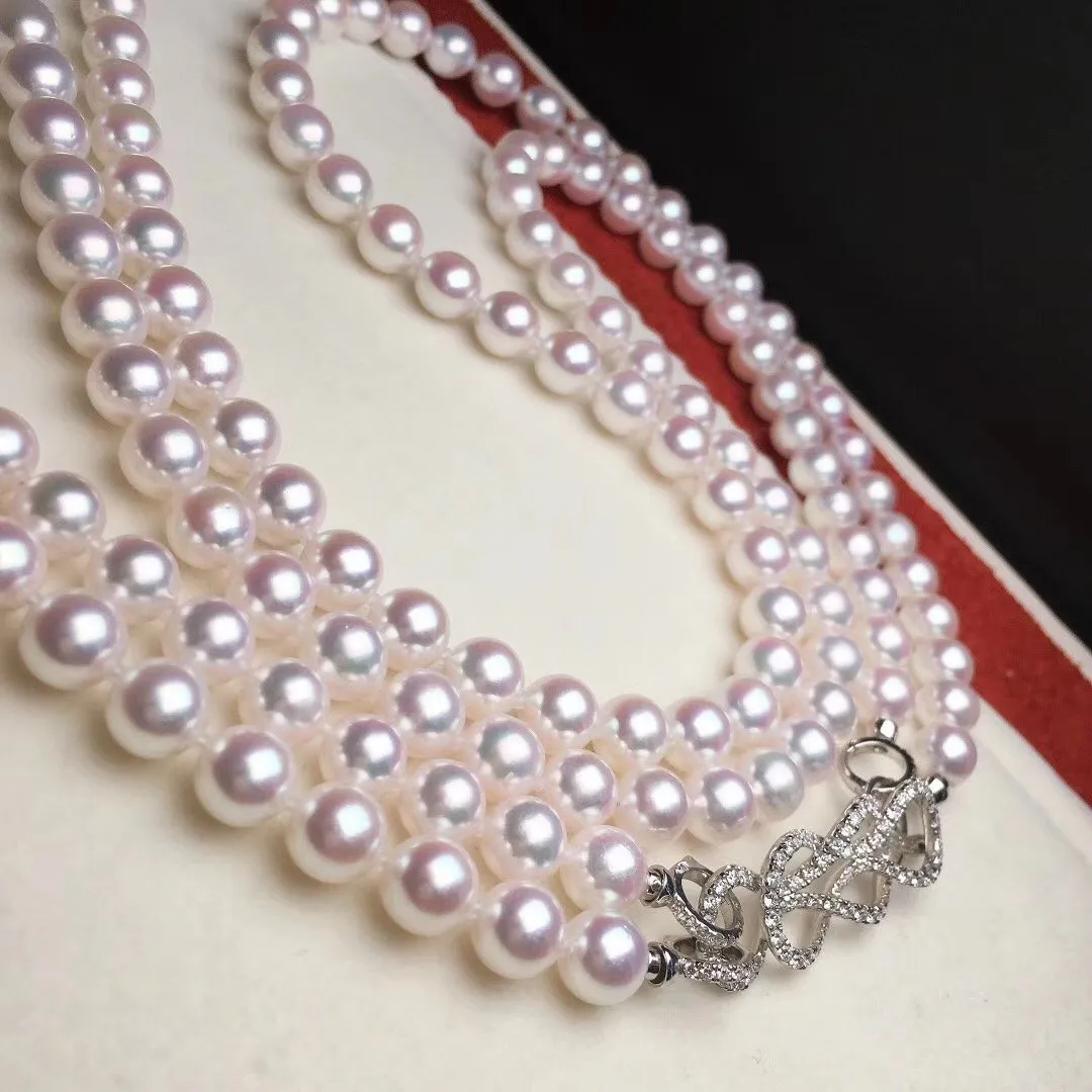 7.5-8.0 mm 56 Inch Rope Length Japanese White Akoya Pearl Double Strand Necklace