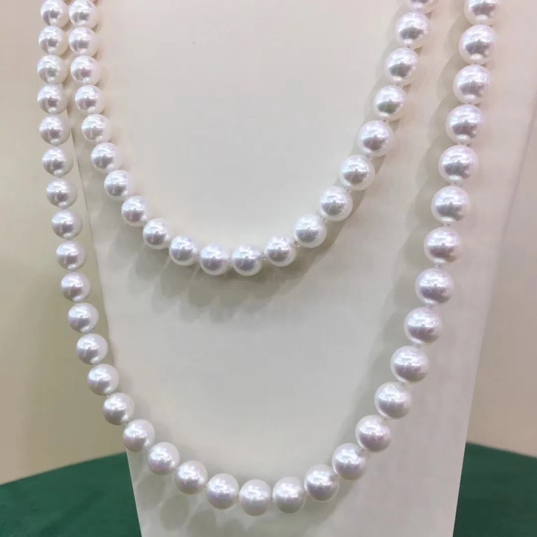7.5-8.0 mm 56 Inch Rope Length Japanese White Akoya Pearl Double Strand Necklace