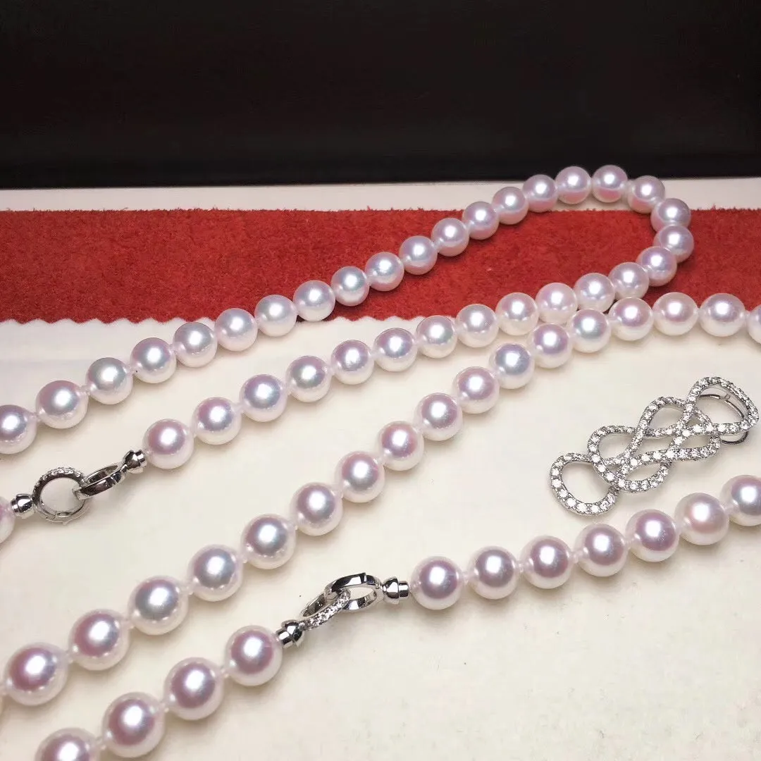 7.5-8.0 mm 56 Inch Rope Length Japanese White Akoya Pearl Double Strand Necklace