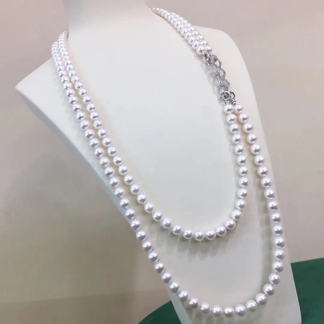 7.5-8.0 mm 56 Inch Rope Length Japanese White Akoya Pearl Double Strand Necklace