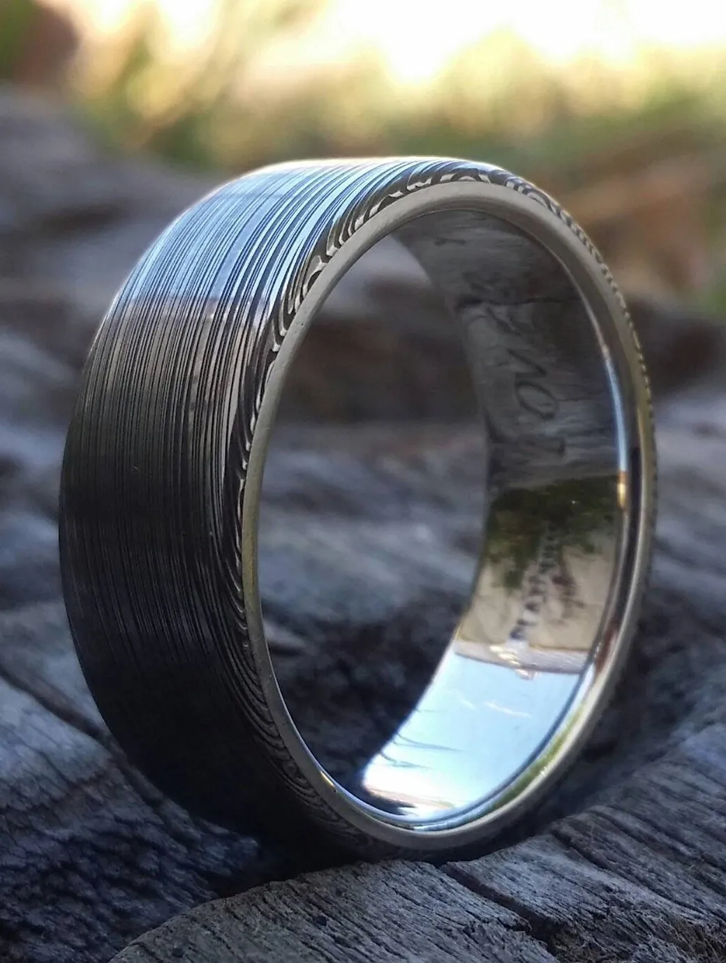 8mm damascus steel ring Platinum & Stainless Damascus damasteel ring "leaf" pattern  ( customizable) damascus steel