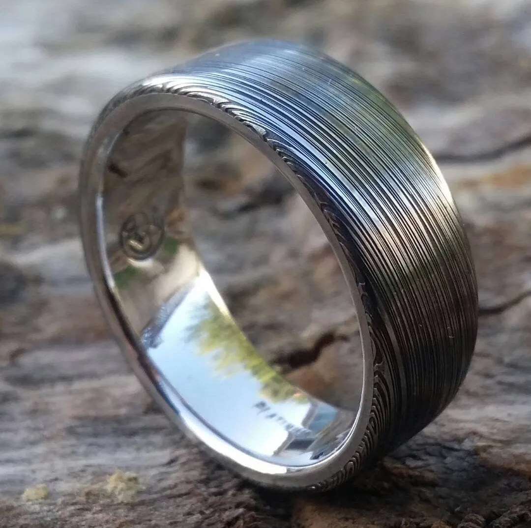 8mm damascus steel ring Platinum & Stainless Damascus damasteel ring "leaf" pattern  ( customizable) damascus steel