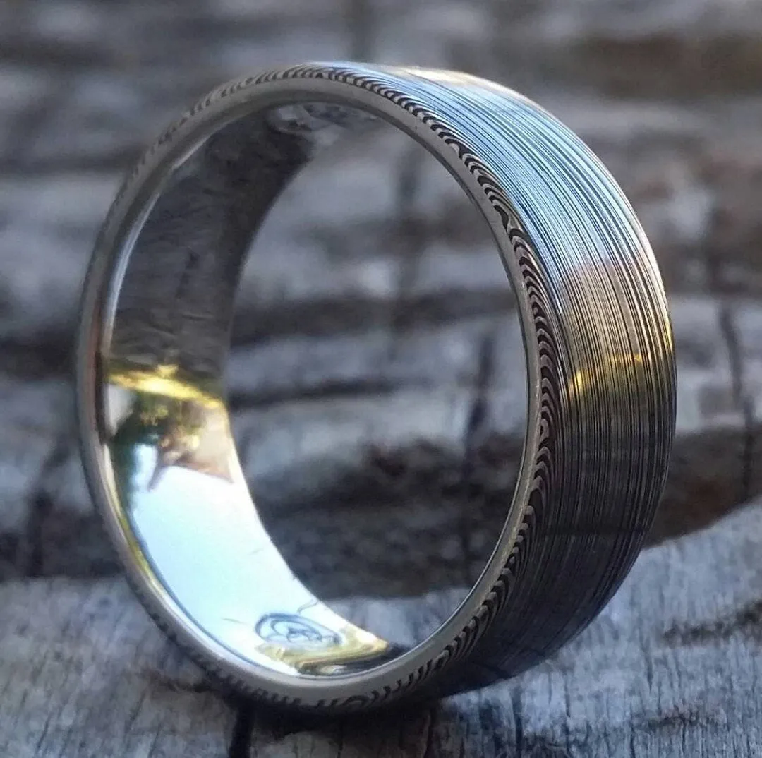 8mm damascus steel ring Platinum & Stainless Damascus damasteel ring "leaf" pattern  ( customizable) damascus steel