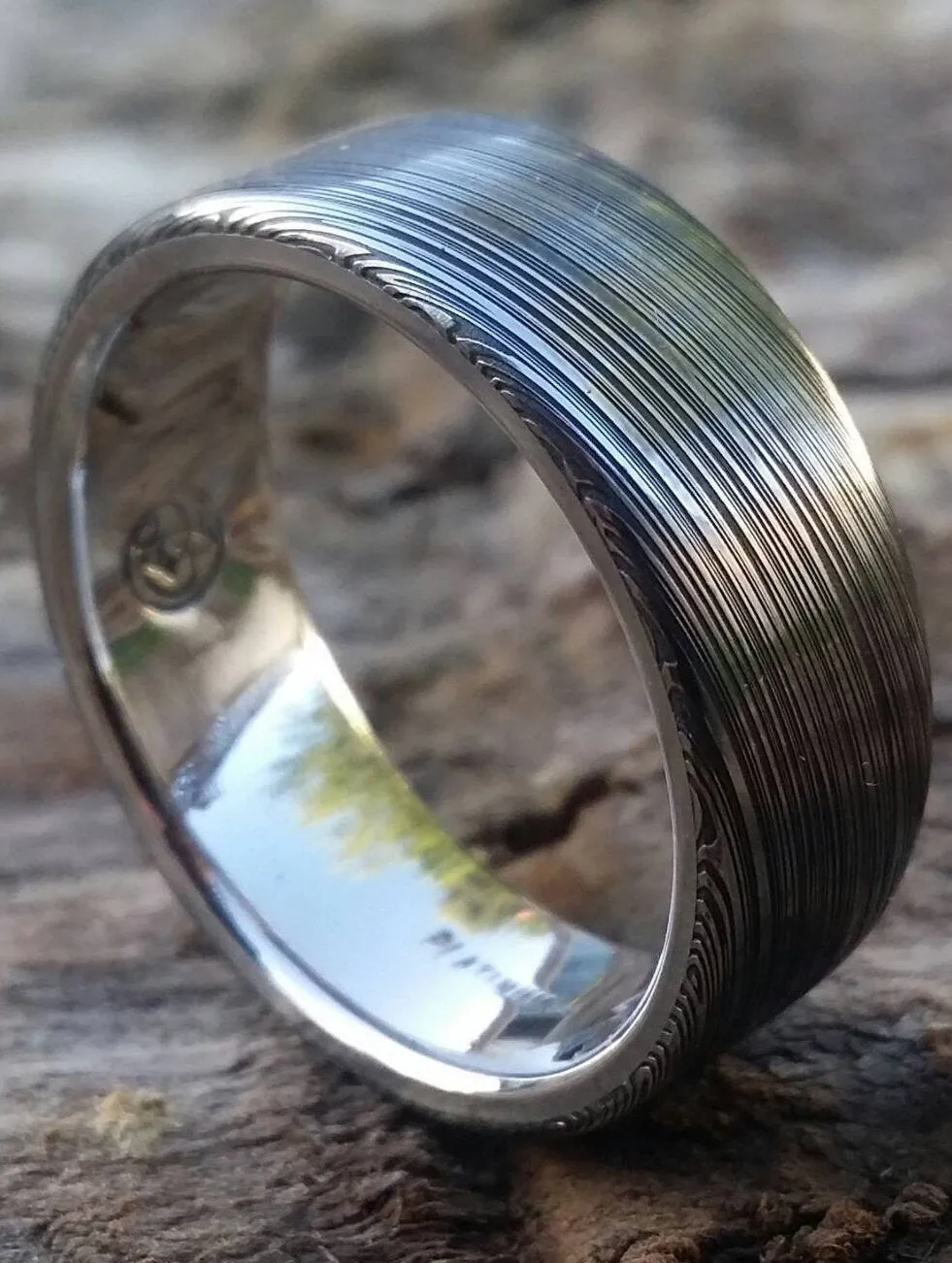 8mm damascus steel ring Platinum & Stainless Damascus damasteel ring "leaf" pattern  ( customizable) damascus steel